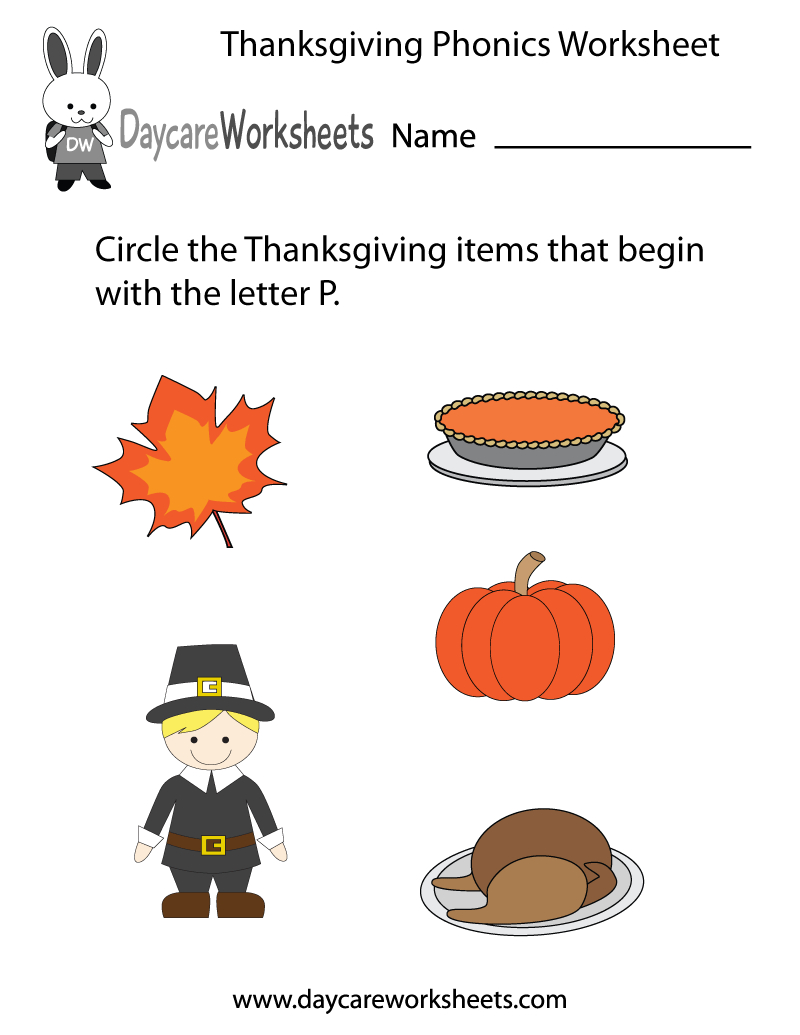 Free Preschool Thanksgiving Phonics Worksheet | Free Printable Preschool Thanksgiving Worksheets