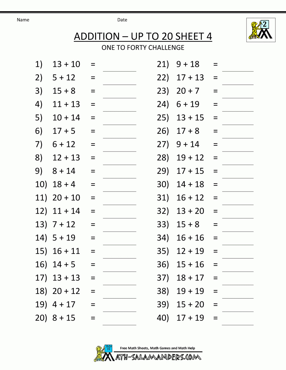 Free Printable Addition Worksheets Mental Addition To 20 4 | Kids | Addition Facts To 20 Printable Worksheets