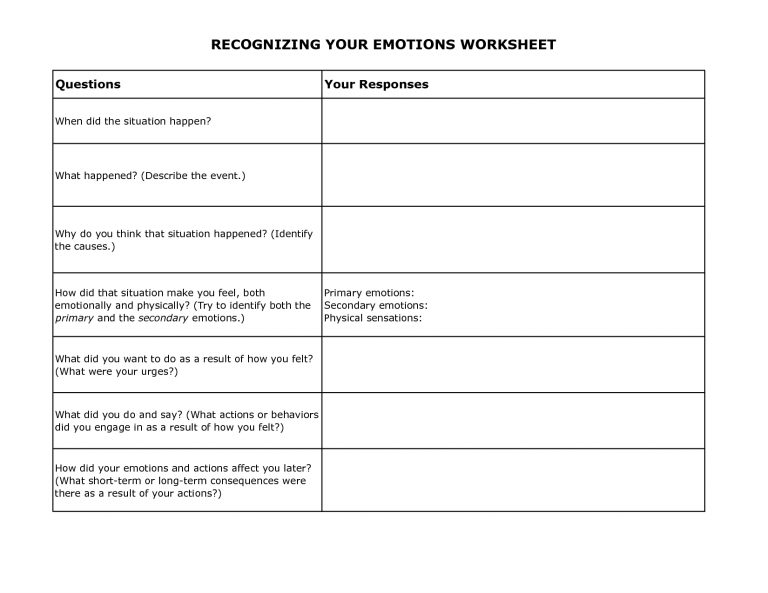 Free Printable Dbt Worksheets | Recognizing Your Emotions Worksheet ...