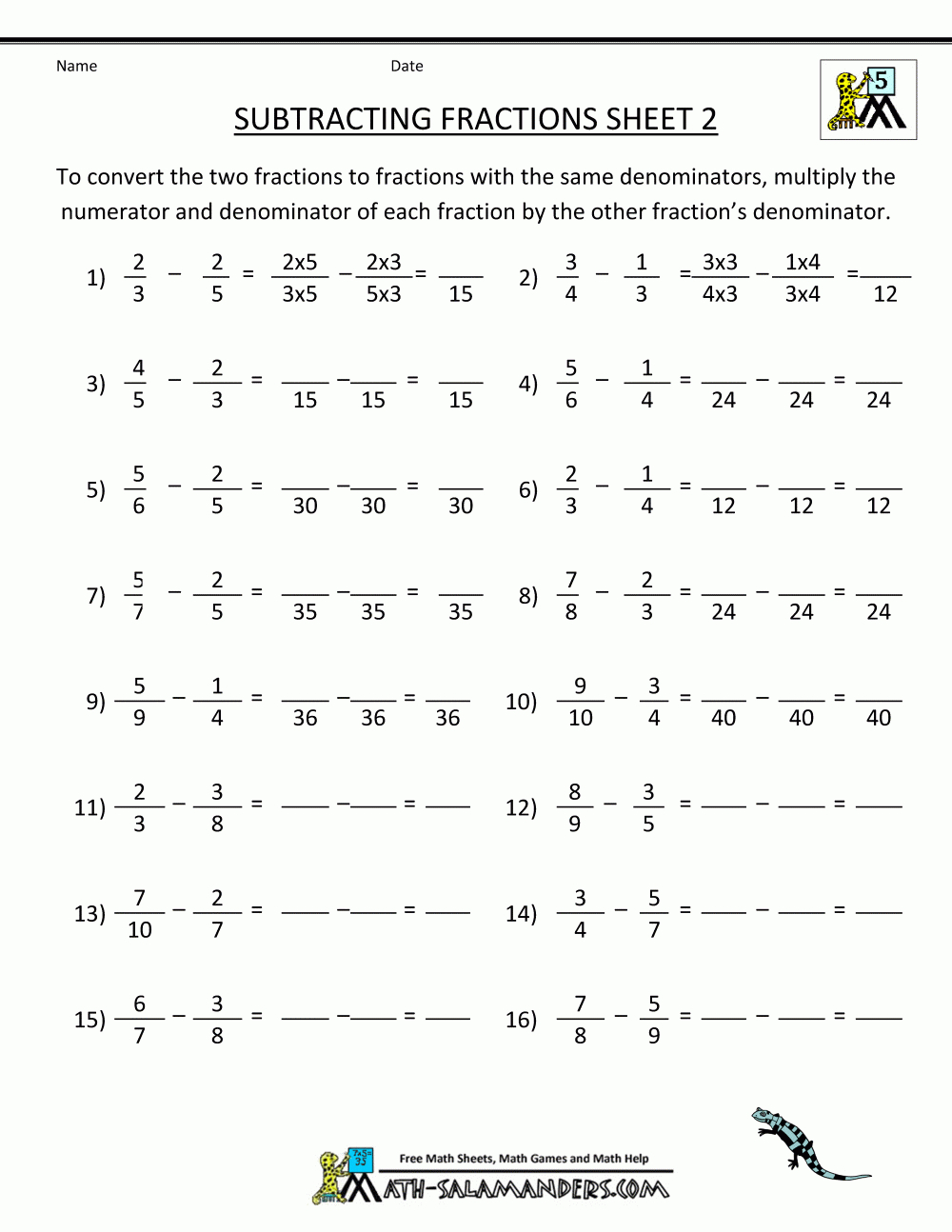 Free Printable Fraction Worksheets Subtracting Fractions 2 | Math | Math Worksheets For 5Th Grade Fractions Printable