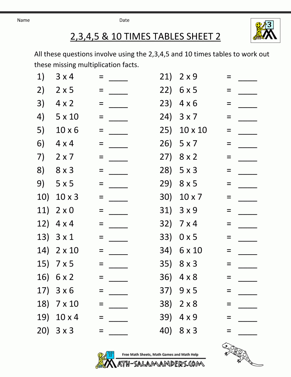 Free Printable Math Sheets Multiplication 2 3 4 5 10 Times Tables 2 | Free Printable Math Worksheets For Grade 4