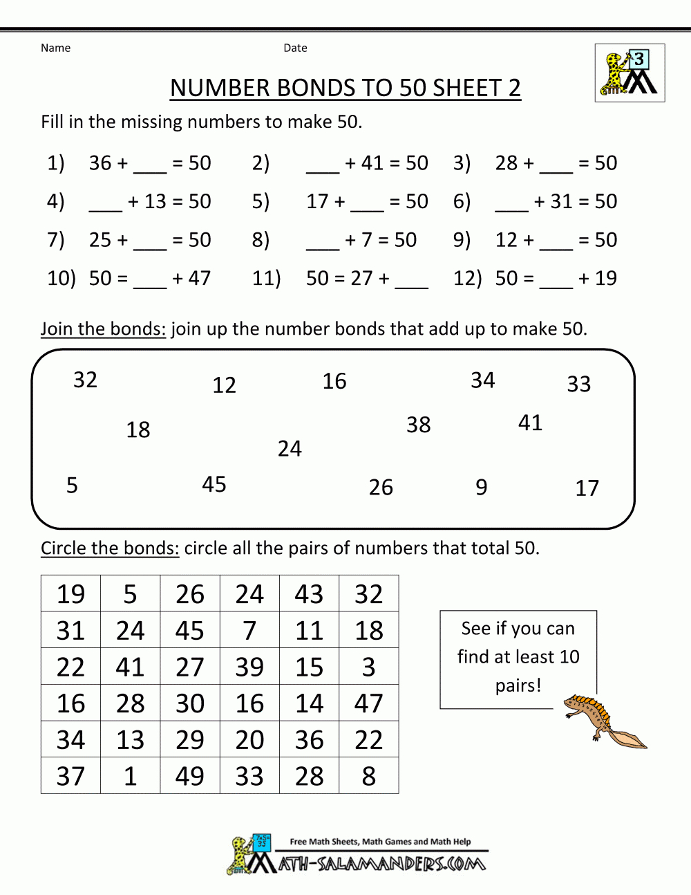 Free Printable Math Worksheets Number Bonds To 50 2 | Education | Printable Number Bond Worksheets