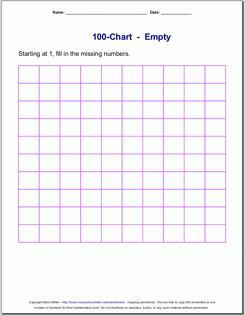 Free Printable Number Charts And 100-Charts For Counting, Skip | Numbers 1 100 Printable Worksheets
