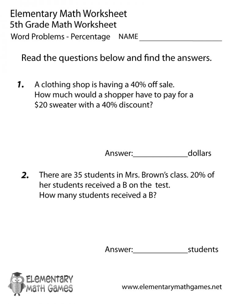 Free Printable Percentage Word Problems Worksheet For Fifth Grade ...