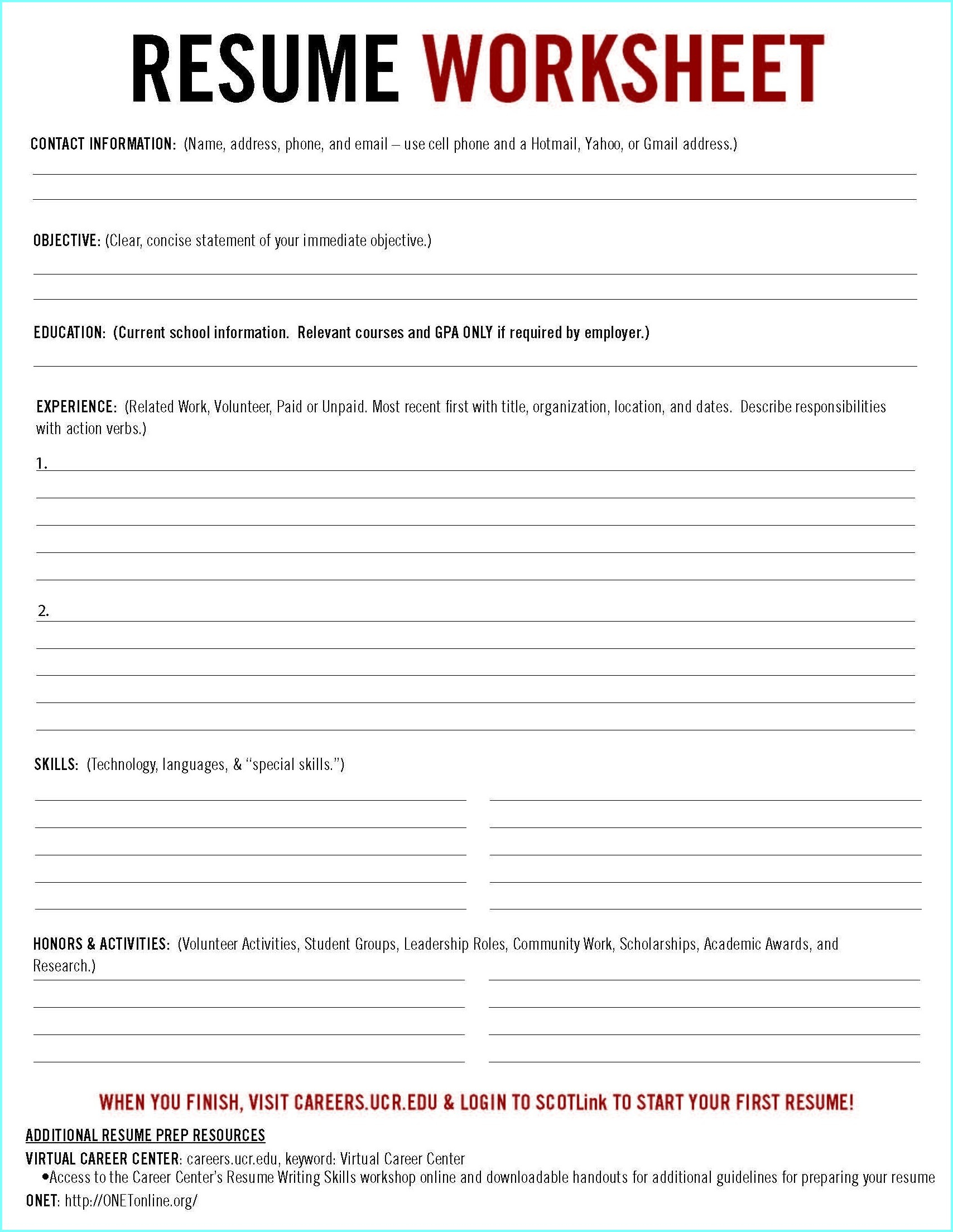 Free Printable Resume Worksheets - Resume : Resume Examples #gr3Ed6J42Z | Printable Resume Builder Worksheet
