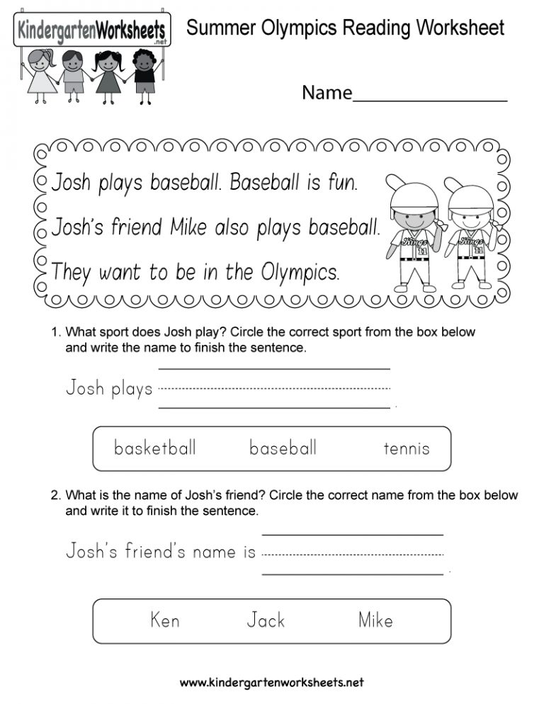 Free Printable Summer Olympics Reading Worksheet For Kindergarten ...