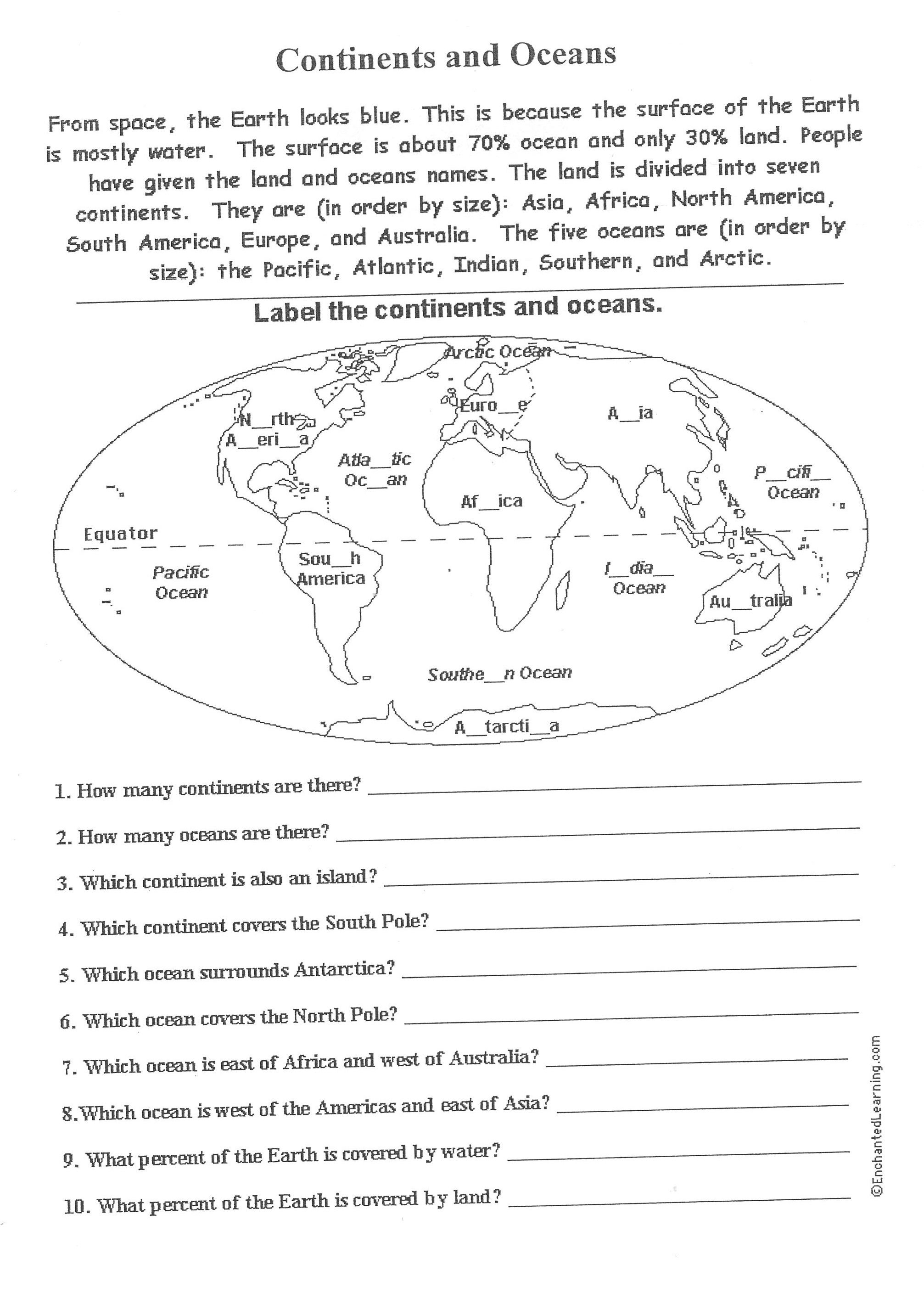 Free Printable Worksheets On Continents And Oceans - Google Search | Free Printable Geography Worksheets