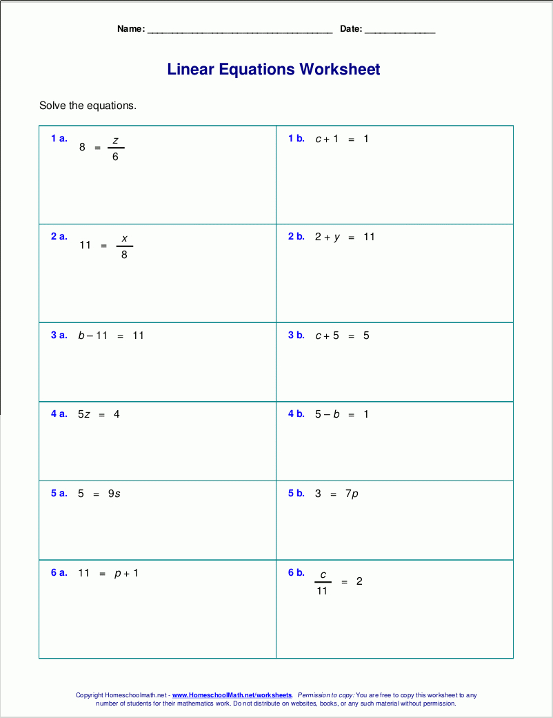 Free Worksheets For Linear Equations (Grades 6-9, Pre-Algebra | Printable Solving Equations Worksheets