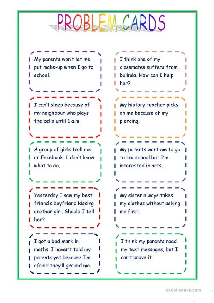 Giving Advice - Problem Cards Worksheet - Free Esl Printable | Giving ...