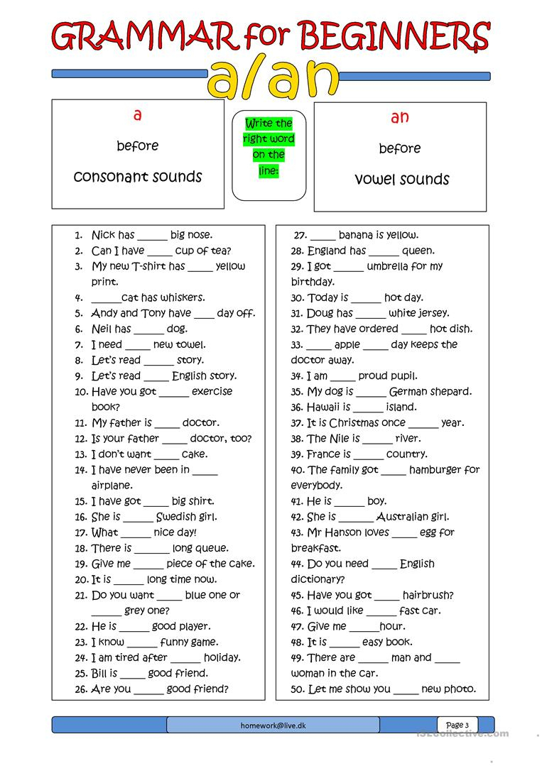 Grammar For Beginners: A Or An Worksheet - Free Esl Printable | Esl Printable Grammar Worksheets