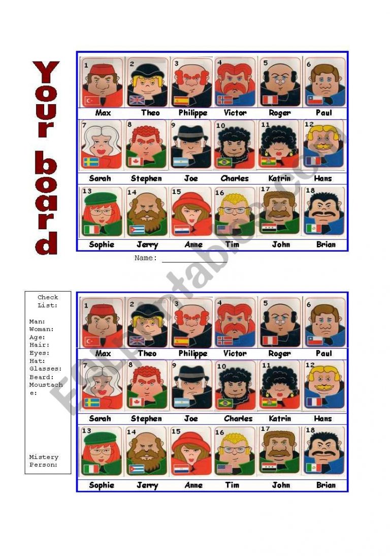 Guess Who Board Game - Esl Worksheetportugal | Guess Who Printable ...
