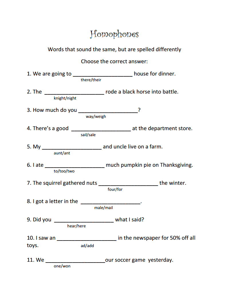 Homophones Worksheet- Use For Homework On Monday Night | Free Printable Homophones Worksheets For Grade 2