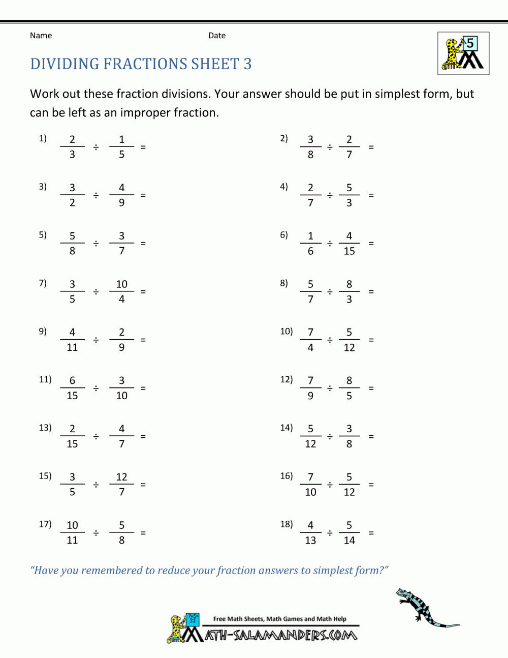 How To Divide Fractions | Free Printable Fraction Worksheets