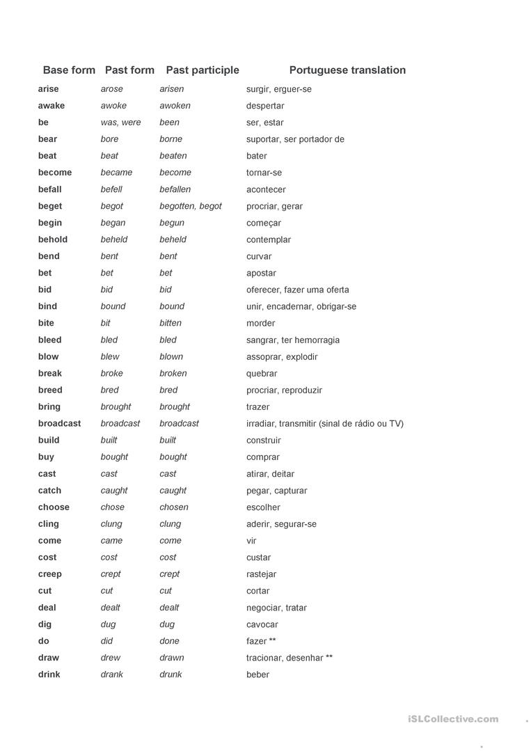 Irregular Verbs List With Portuguese Translation Worksheet - Free | Free Printable Portuguese Worksheets