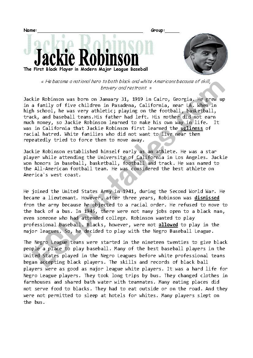 Jackie Robinson - Esl Worksheetheidou | Free Printable Worksheets On Jackie Robinson
