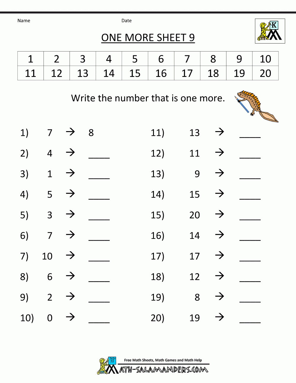 Kindergarten Math Worksheets Printable - One More | Arithmetic Worksheets Printable