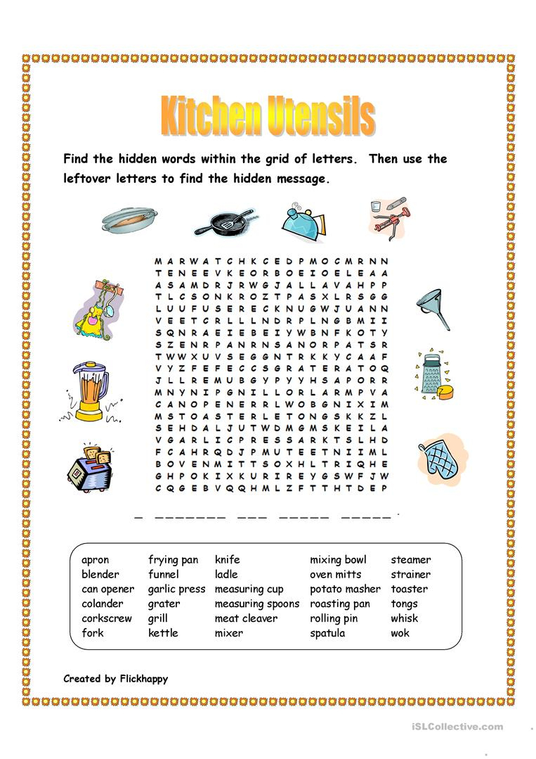 Kitchen Utensils Wordsearch Worksheet - Free Esl Printable | Kitchen Utensils Printable Worksheets