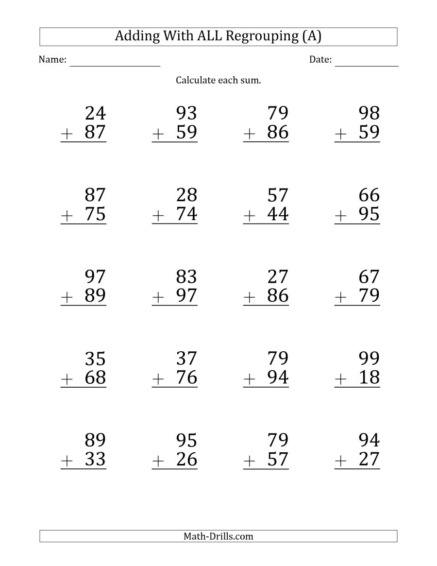 Large Print 2-Digit Plus 2-Digit Addtion With All Regrouping (A) | Printable 2 Digit Addition Worksheets