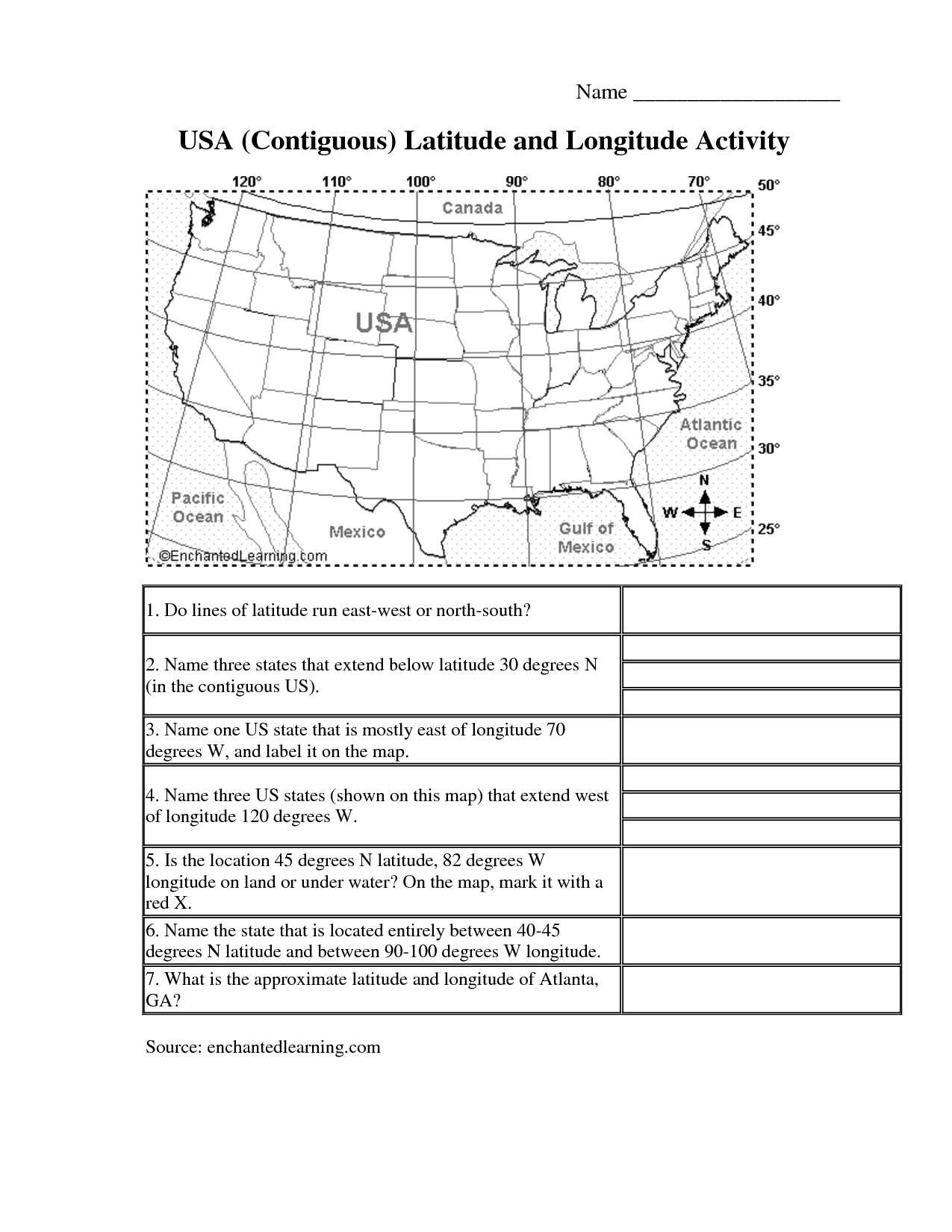 Latitude And Longitude Elementary Worksheets | Usa _Contiguous_ | Latitude And Longitude Worksheets Free Printable