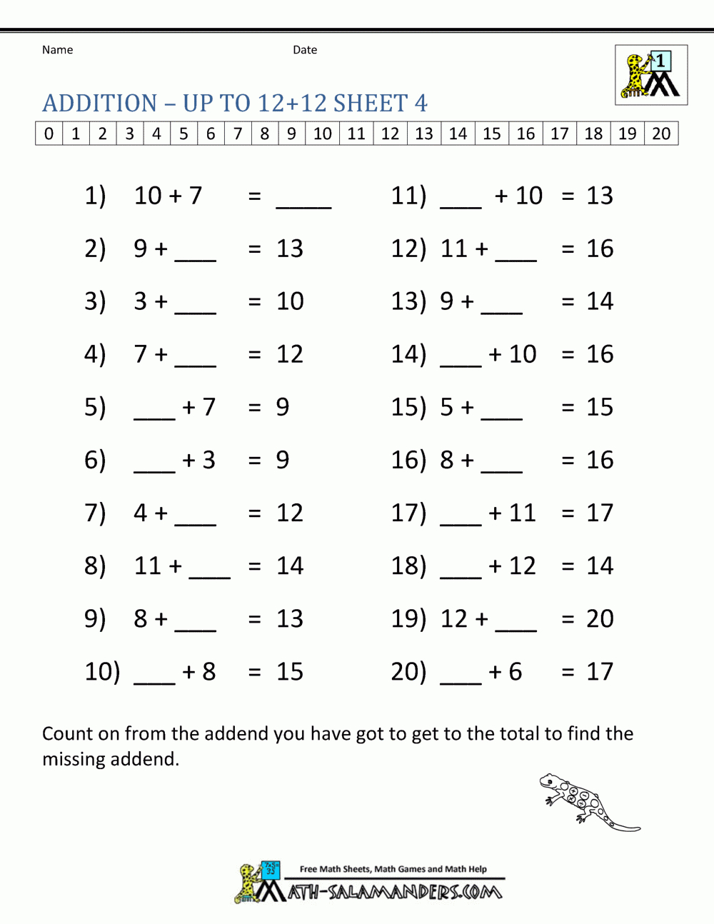Learning Addition Facts Worksheets 1St Grade | Addition Facts To 20 Printable Worksheets