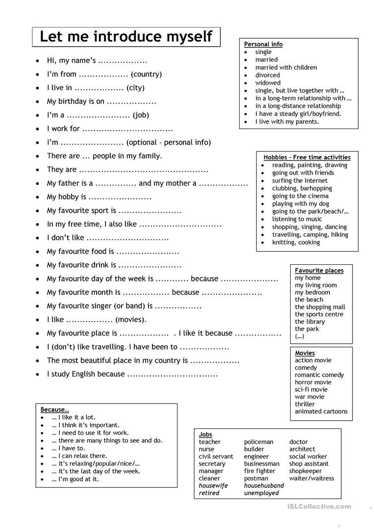 Let Me Introduce Myself (For Adults) Worksheet - Free Esl Printable | Introduce Yourself Printable Worksheets