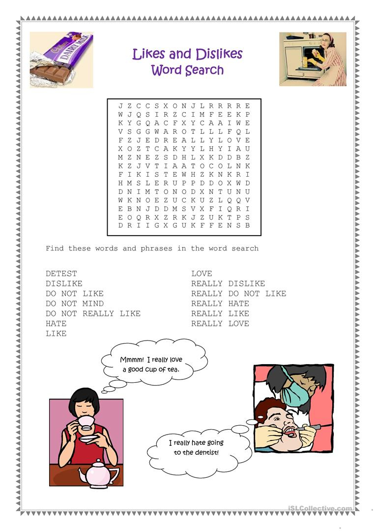 Likes And Dislikes Word Search Worksheet - Free Esl Printable | Likes And Dislikes Printable Worksheets