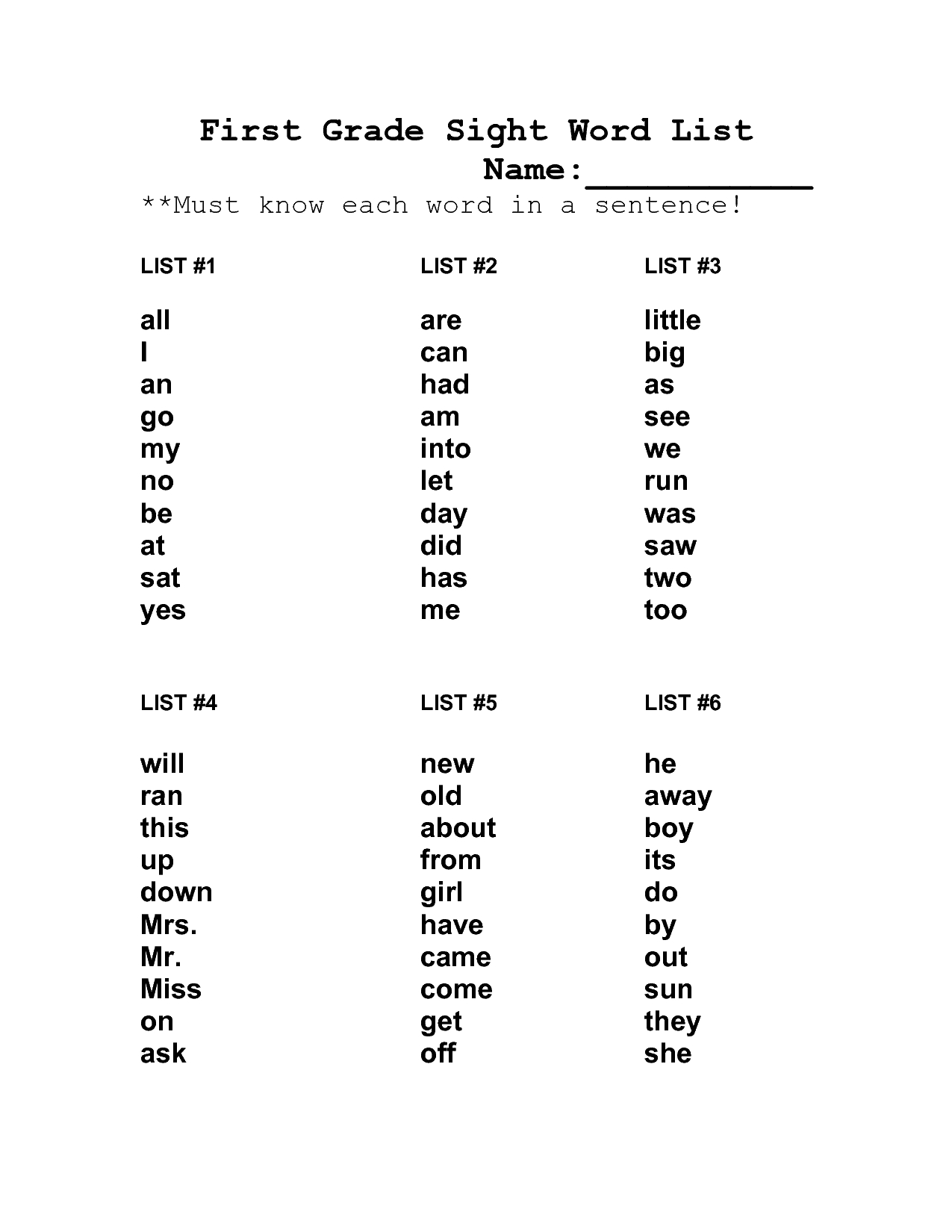 List Of Sight Words | First Grade Sight Word List | Kids | First | 1St Grade Sight Words Printables Worksheets