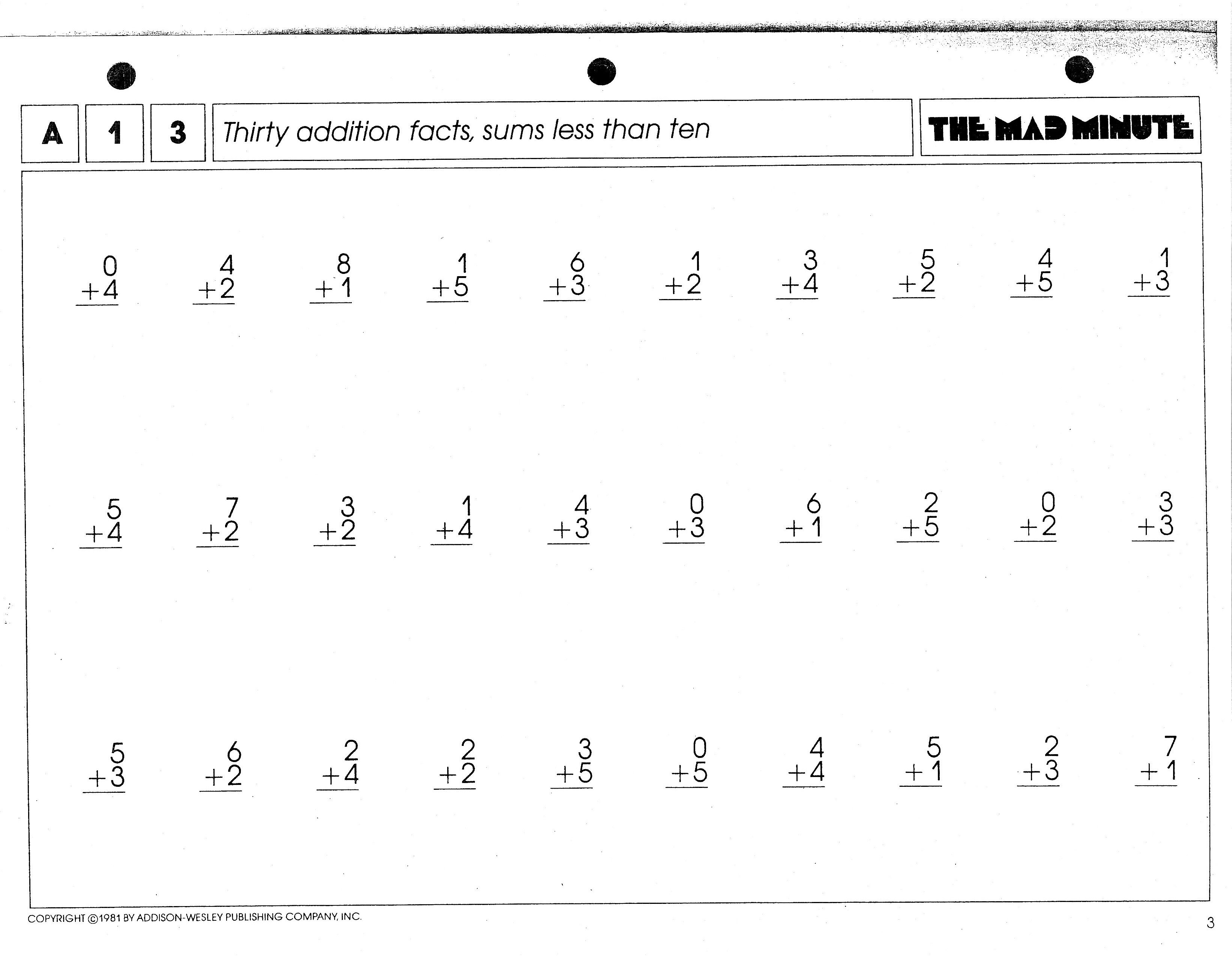 Mad Minute Addition Sheet (Picture) | School - Preschool | Math | Mad Minute Math Subtraction Worksheets Printable