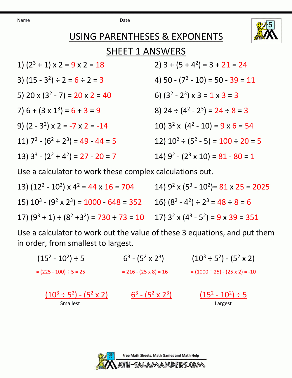Math Worksheets 5Th Grade Complex Calculations | Printable Pemdas Worksheets