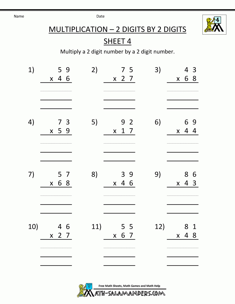 Math Worksheets Printable Multiplication 2 Digits2 Digits 4 | 3 Digit Multiplication Worksheets Printable