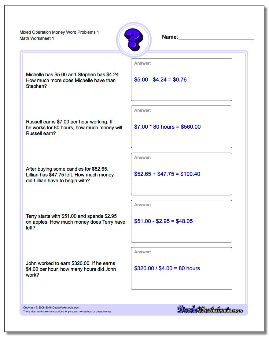 Money Word Problems | Free Printable 5 W&amp;amp;#039;s Worksheets