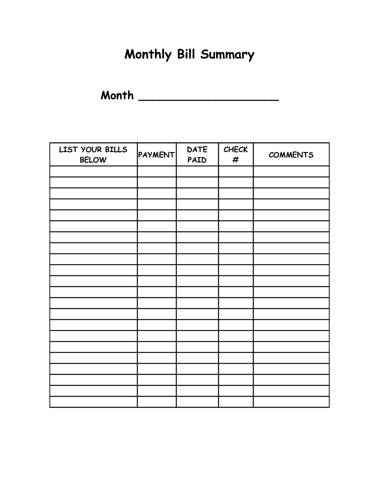 Monthly Bill Summary Doc | Organization | Bill Payment Organization | Free Printable Monthly Bill Payment Worksheet