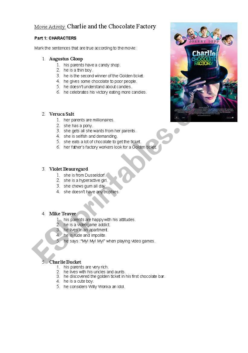 Movie Activity: Charlie And The Chocolate Factory - Esl Worksheet | Charlie And The Chocolate Factory Worksheets Printable