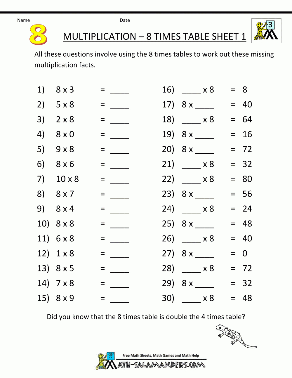 Multiplication Printable Worksheets 8 Times Table 1 | Education And | Free Printable Math Worksheets Multiplication Facts