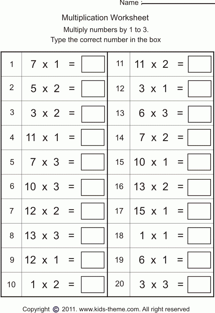 Multiplication Worksheets - Multiply Numbers1 To 3 | Math | Multiplication Worksheets Grade 2 Printable