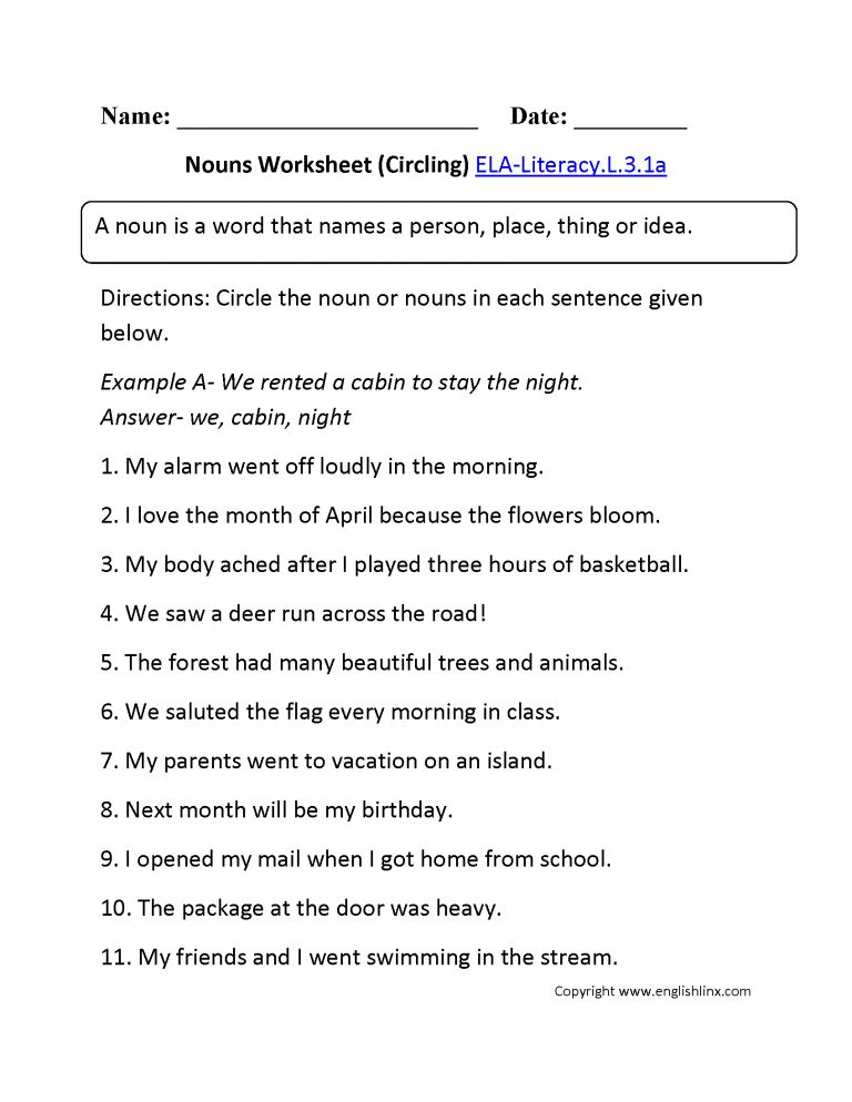 Nouns Worksheet (L 3 1) L 3 1 English Grammar Worksheets 3Rd