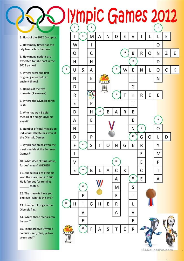 Olympic Games Crossword (Key) Worksheet - Free Esl Printable | Olympic Printable Worksheets