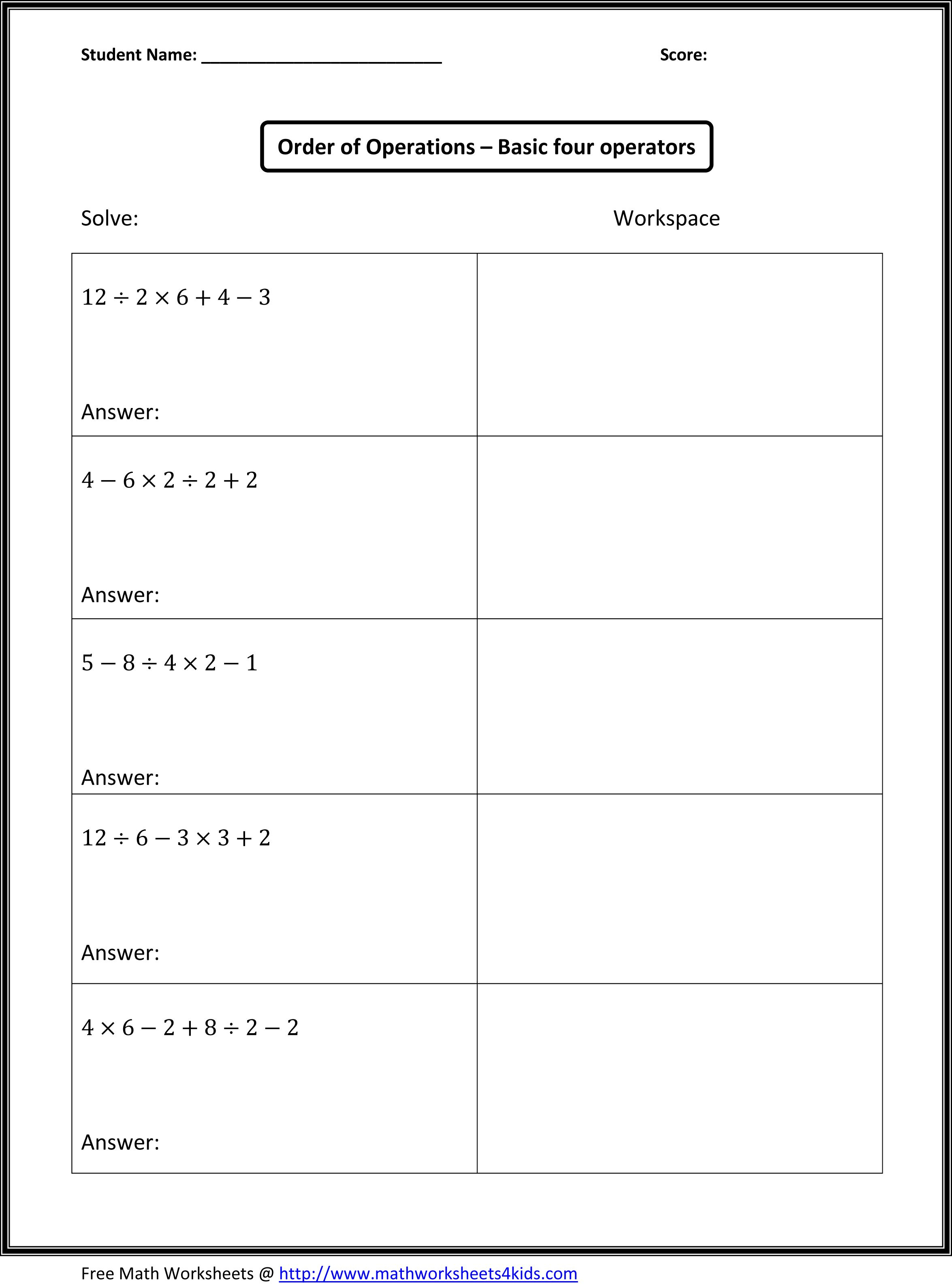Order Of Operations | Math Worksheets | 4Th Grade Math Worksheets | Algebra Worksheets For 4Th Grade Printable