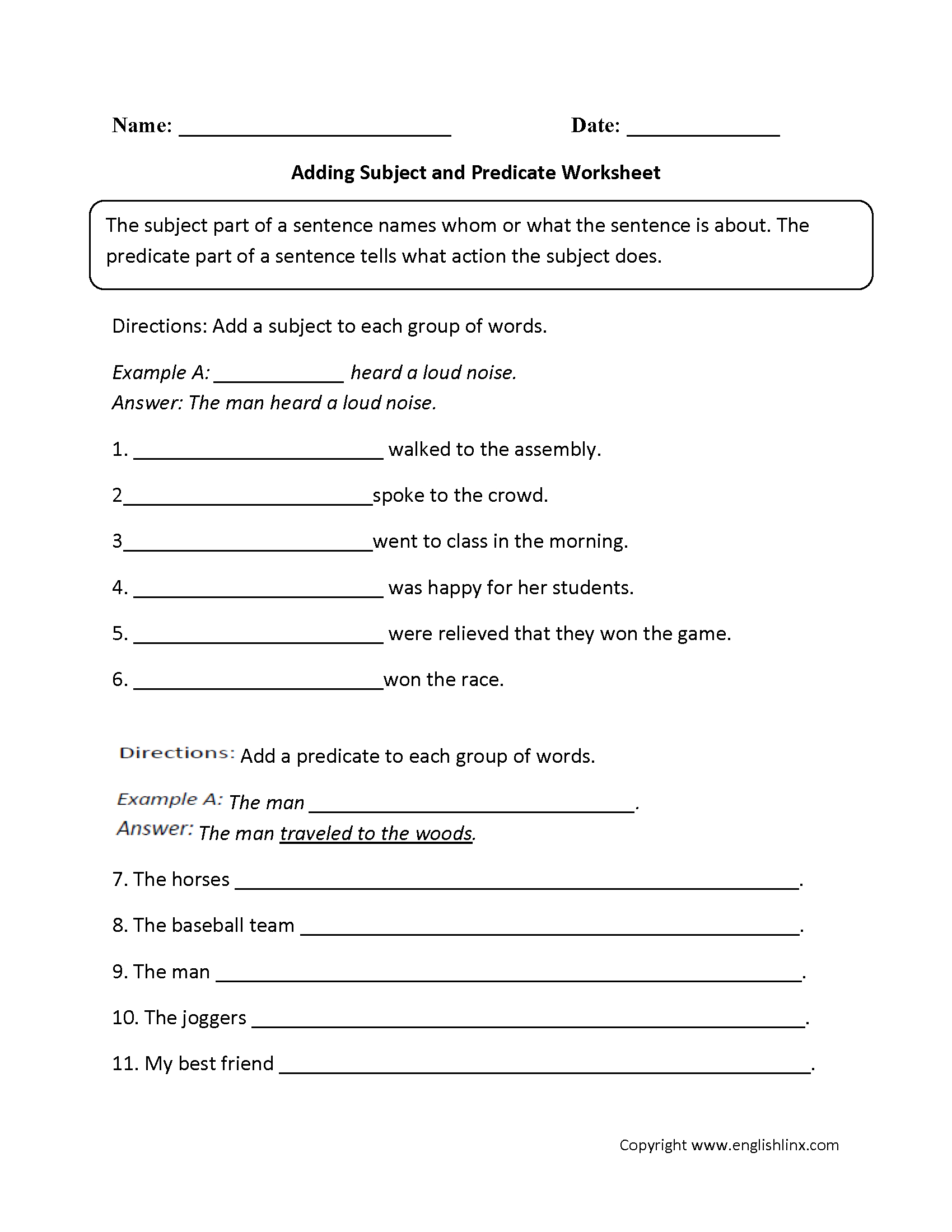 Parts Of A Sentence Worksheets | Subject And Predicate Worksheets | Grammar Worksheets Year 6 Printable