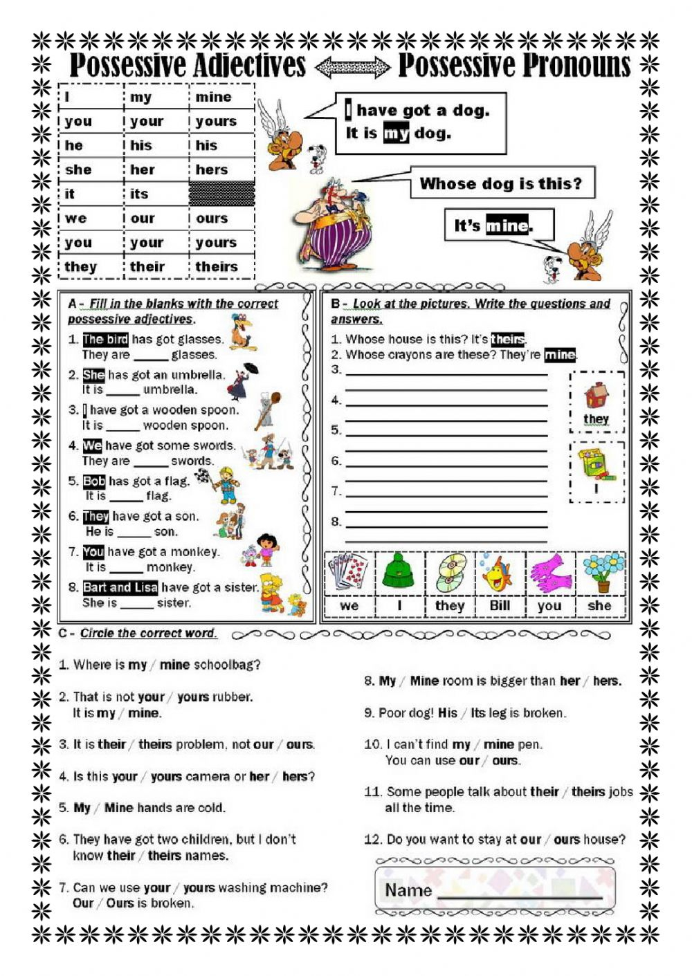 Possessive Pronouns Vs Possessive Adjectives Worksheet