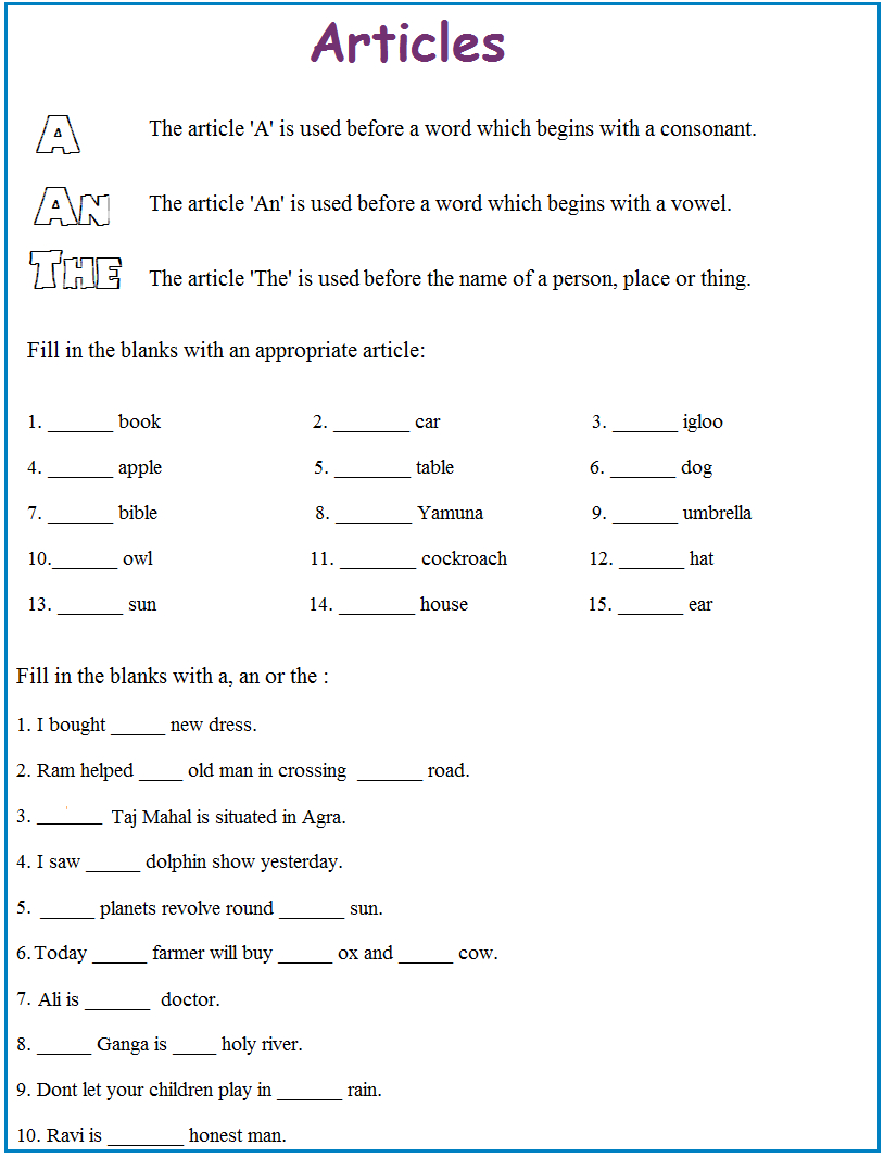 Practise Sheet On Articles | Worksheets | English Grammar Worksheets | Free Printable Worksheets On Articles For Grade 1
