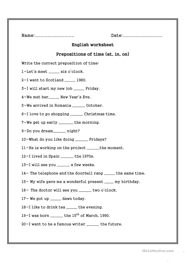 Preposition Exercises - Koran.sticken.co | Printable Preposition Worksheets