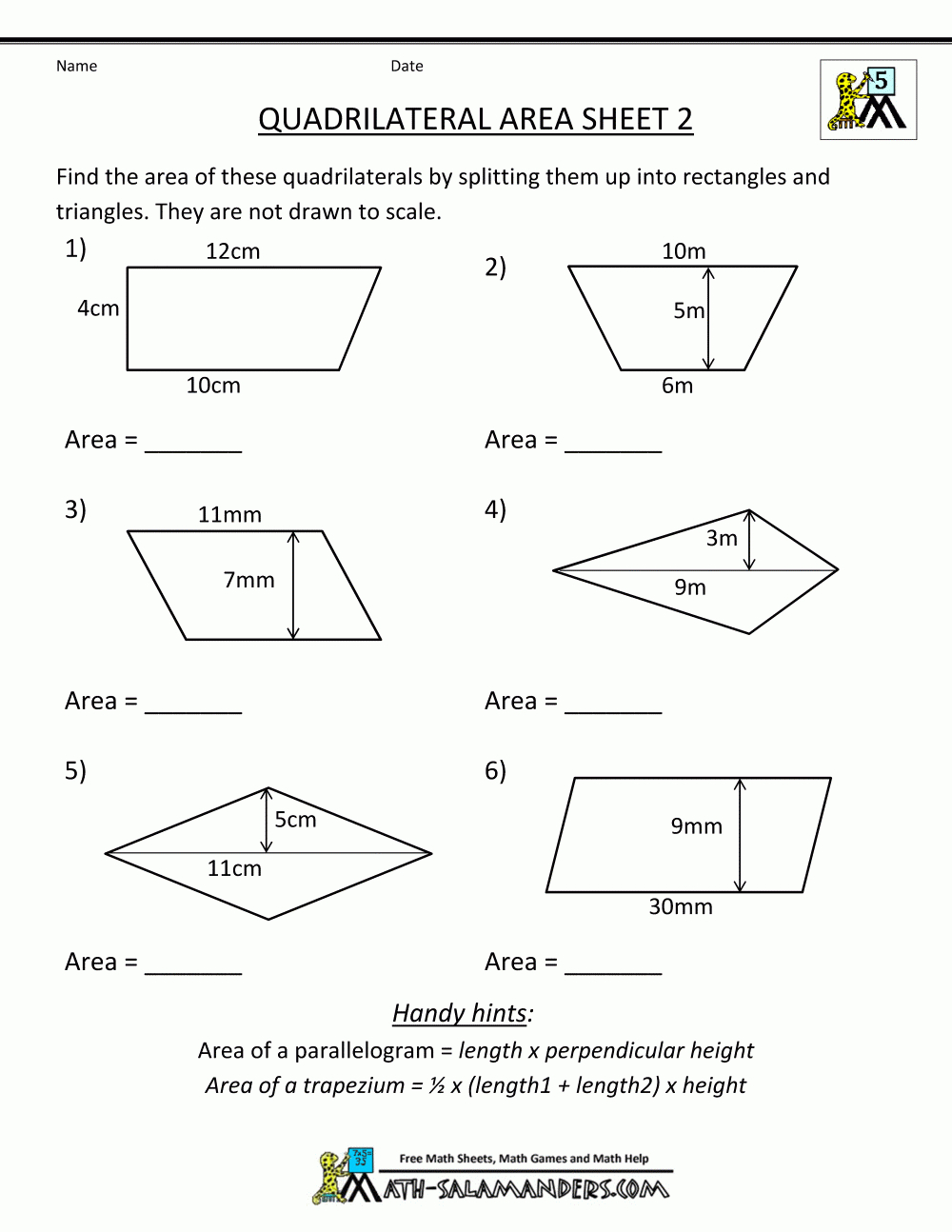 Printable Geometry Worksheets Quadrilateral Area 2 | 5Th Grade Math | Printable Area Worksheets