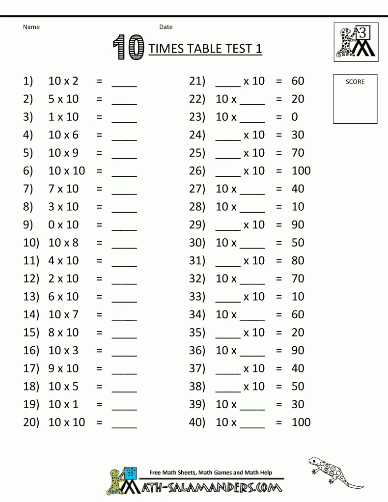 Printable Math Sheet 10 Times Table Test 1 | Education | 3Rd Grade | Printable Multiplication Worksheets