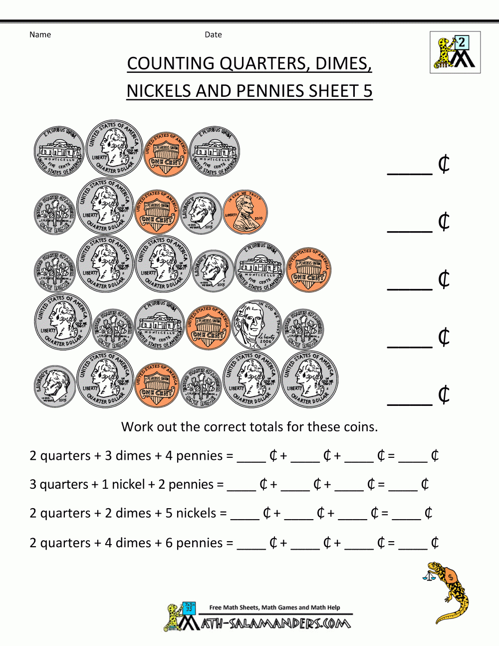 Printable Money Worksheets Counting Quarters Dimes Nickels And | Learning Money Printable Worksheets