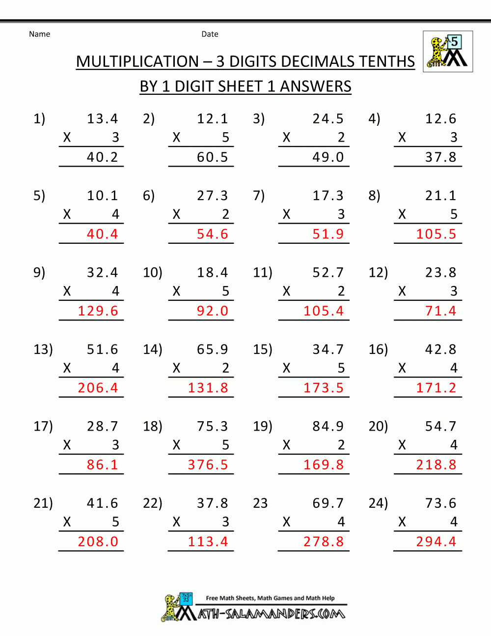 Printable Multiplication Sheets 5Th Grade Printable 5Th Grade Math Worksheets With Answer Key 
