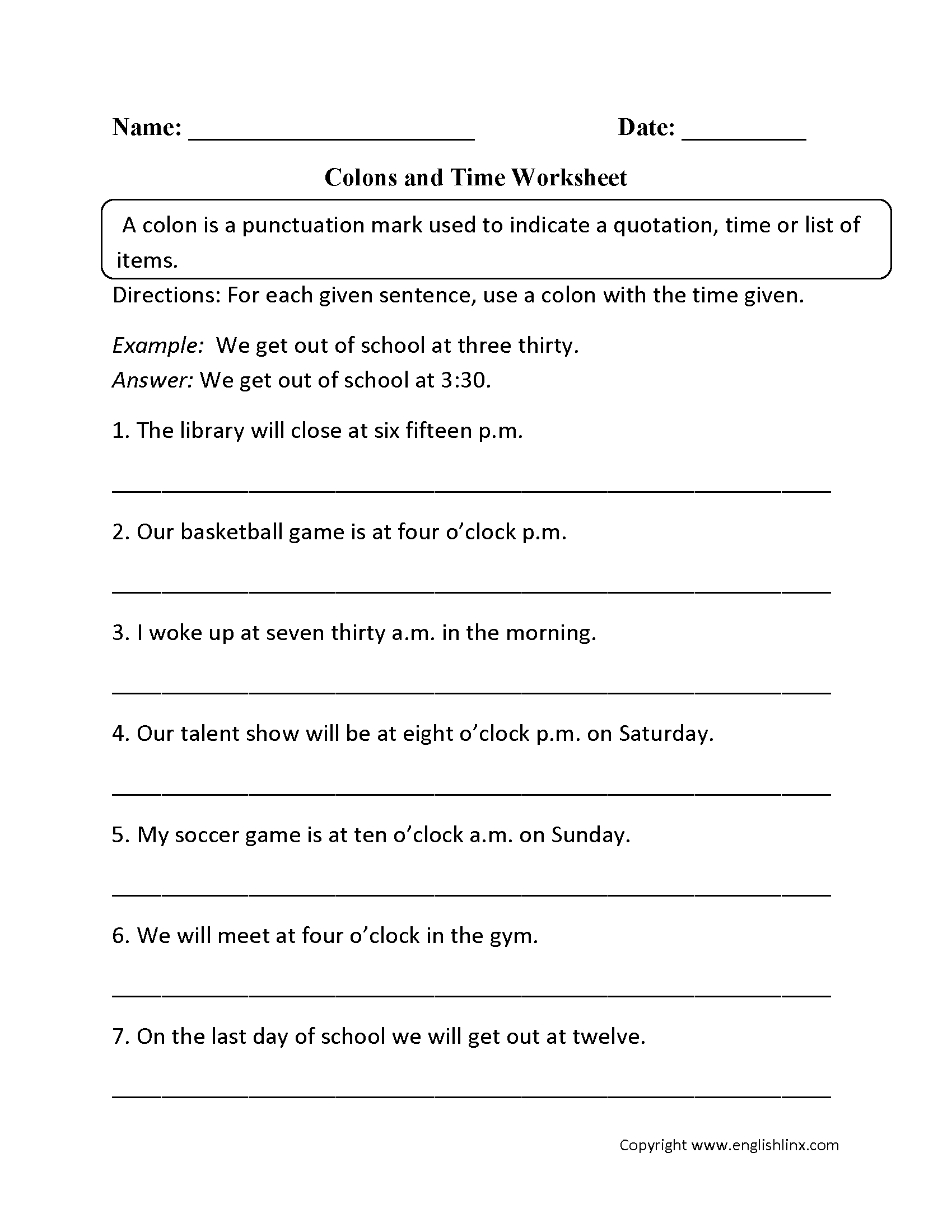 Punctuation Worksheets | Colon Worksheets | Free Printable Punctuation Worksheets For Middle School