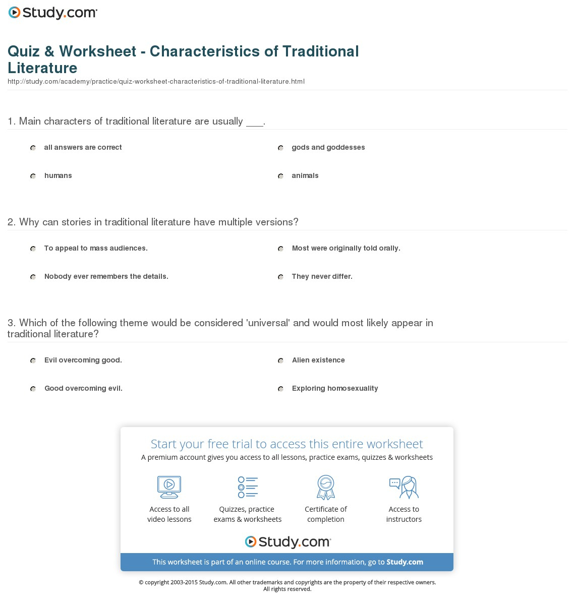 Quiz &amp;amp; Worksheet - Characteristics Of Traditional Literature | Study | Printable Literature Worksheets