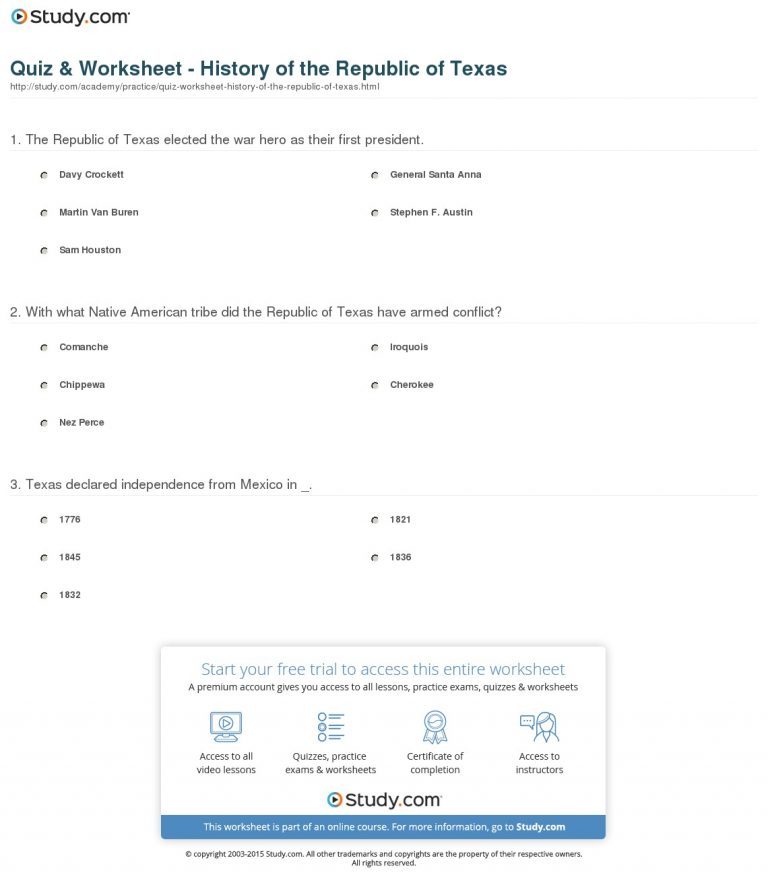 Quiz & Worksheet History Of The Republic Of Texas Study Texas History Worksheets Printable