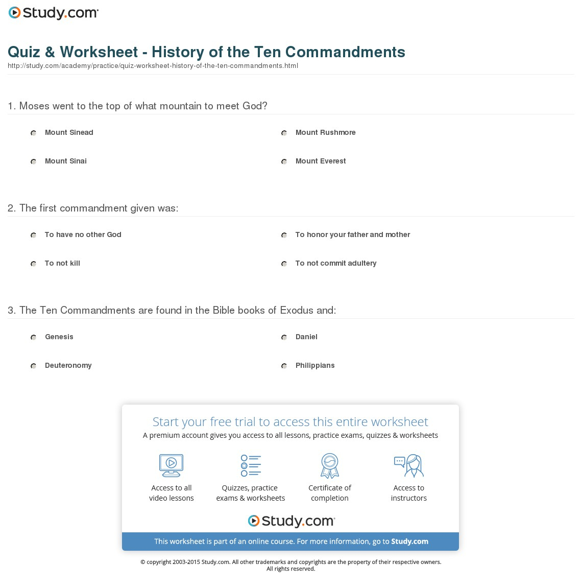 Quiz &amp;amp; Worksheet - History Of The Ten Commandments | Study | 10 Commandments Printable Worksheets